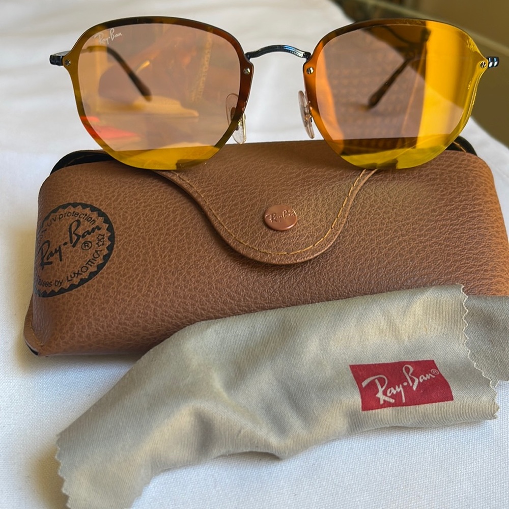 RAY BAN 3579-N 9038/7J 58 15 145 BLAZE Hexagonal blue frame dark orange lenses.